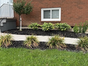 A view of a brown brick house with a garden then a path and another garden. The highest point is next to the foundation and it the other features slope away and down.